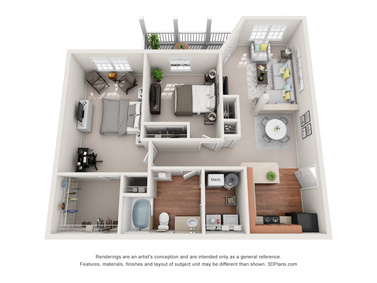 Floor plan for 2 beds, 1 bath, 1105 sqft